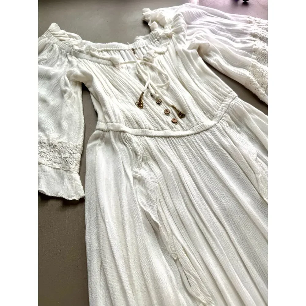 Free People Ivory Boho Maxi Dress XS Bell Sleeve Prairie Festival Cottagecore